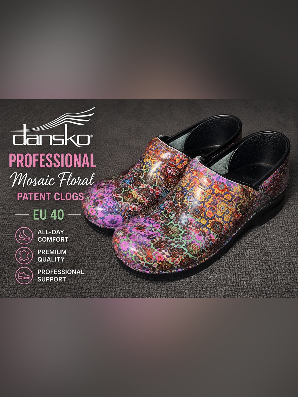 Dansko Professional Mosaic Floral Patent Clogs EU 40 Colorful Work Shoes